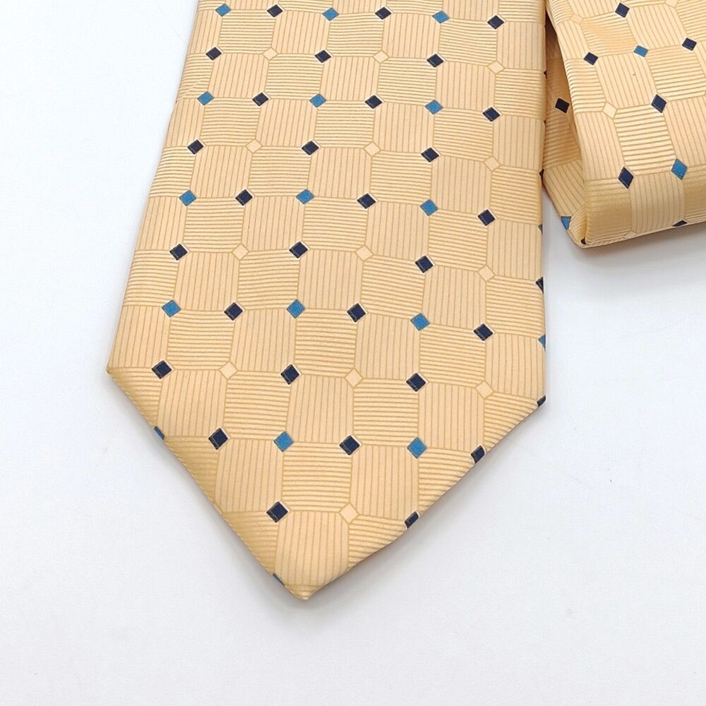 Frangi Silk Tie Mens 60” Yellow Blue Geometric Diamond Designer Classic New